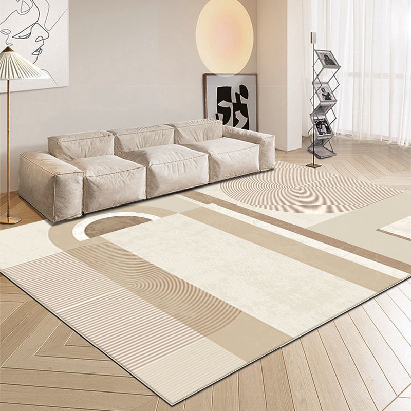 Rectangle Shape Rug Living Room Beige Tone Polyester Washable Area Rug