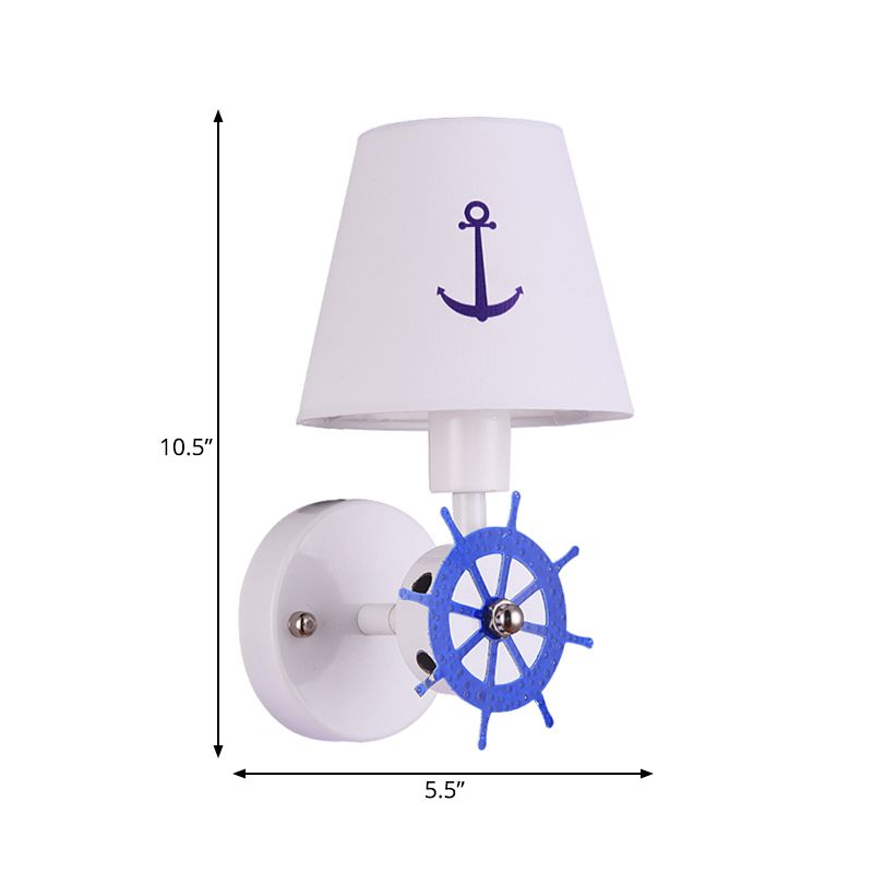 1 Bulb Tapered Shade Wall Light Nautical Fabric Sconce Light in White for Study Room