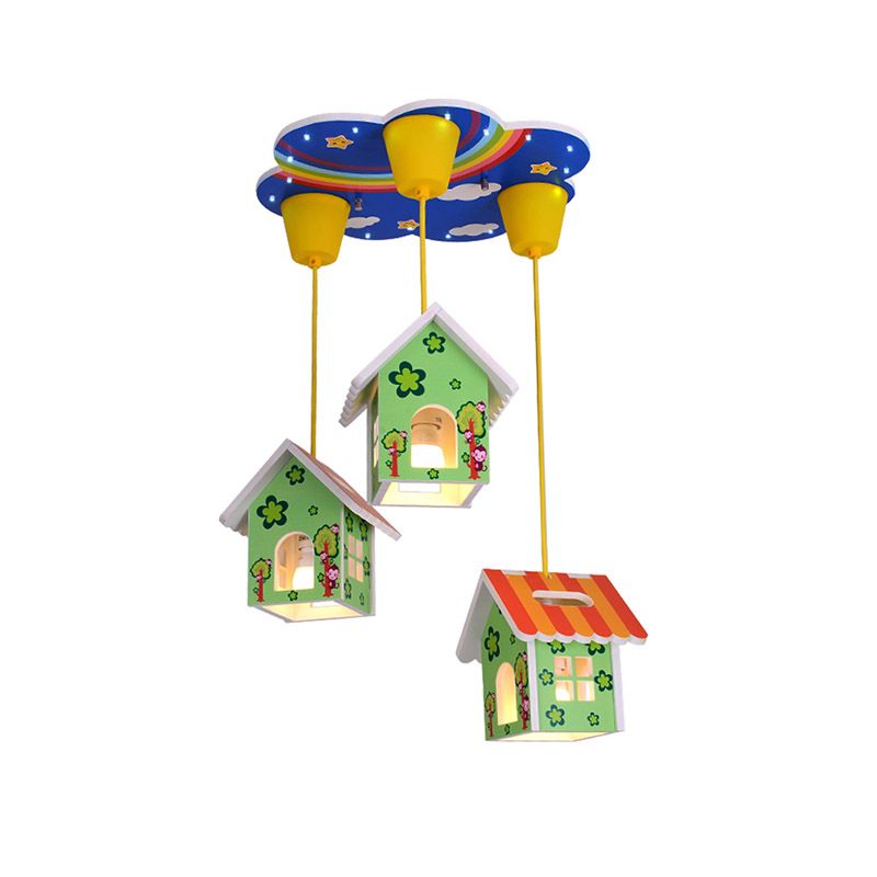 Kids Style 3/6-Light Flush Light Fixture White Rabbit/Blue Plane/Green House Ceiling Lighting with Plastic Shade