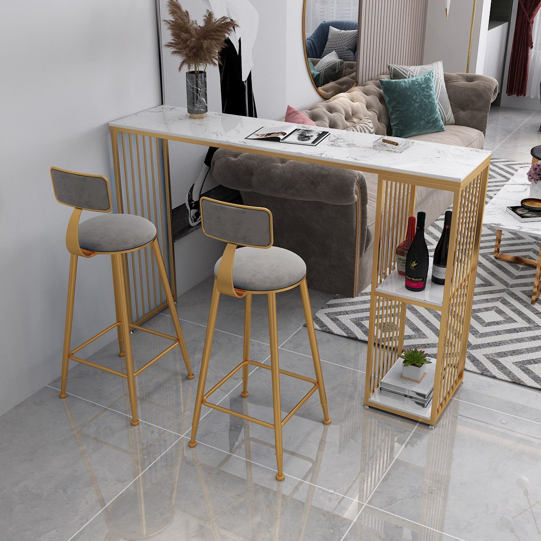 Glam 1/3 Pieces Bar Table Set Rectangle Stone Counter Table with Stools for Balcony