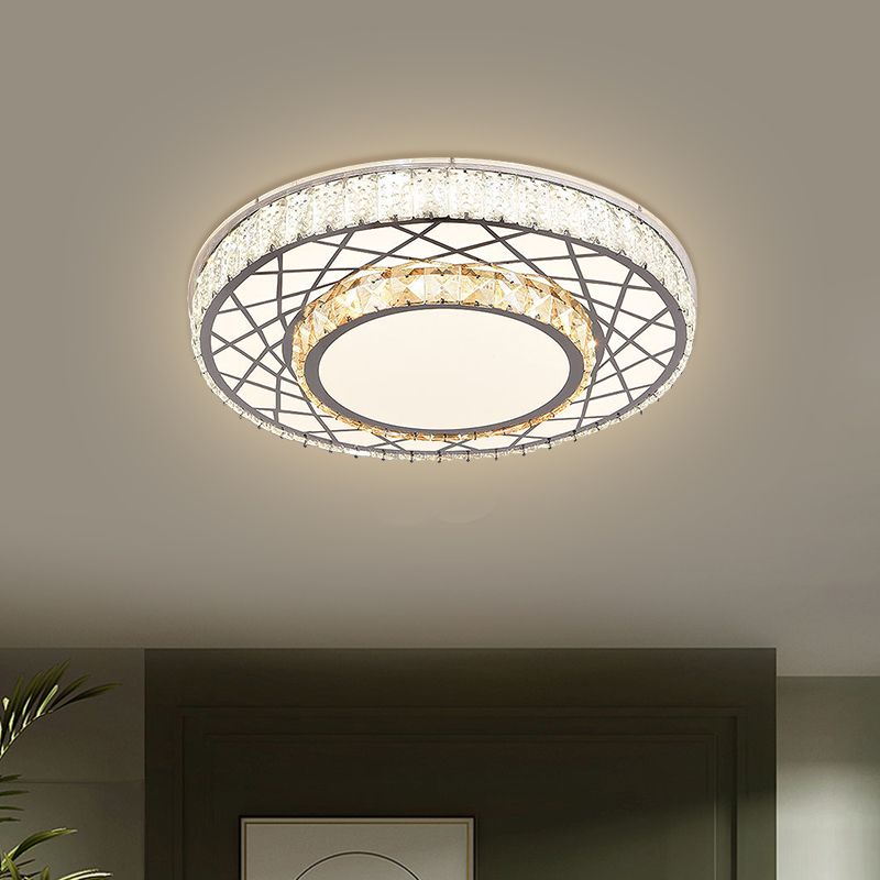 LED Clear Beveled Crystal Blocks Light Fixture Modern Stainless-Steel Round Great Room Flush Mount Fixture