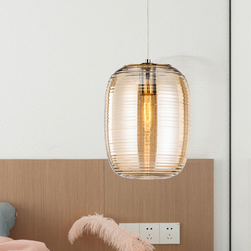 Amber/Smoke Cylinder Pendant Light Post-Modern 1 Light Ribbed Glass Hanging Light Fixture for Bedroom