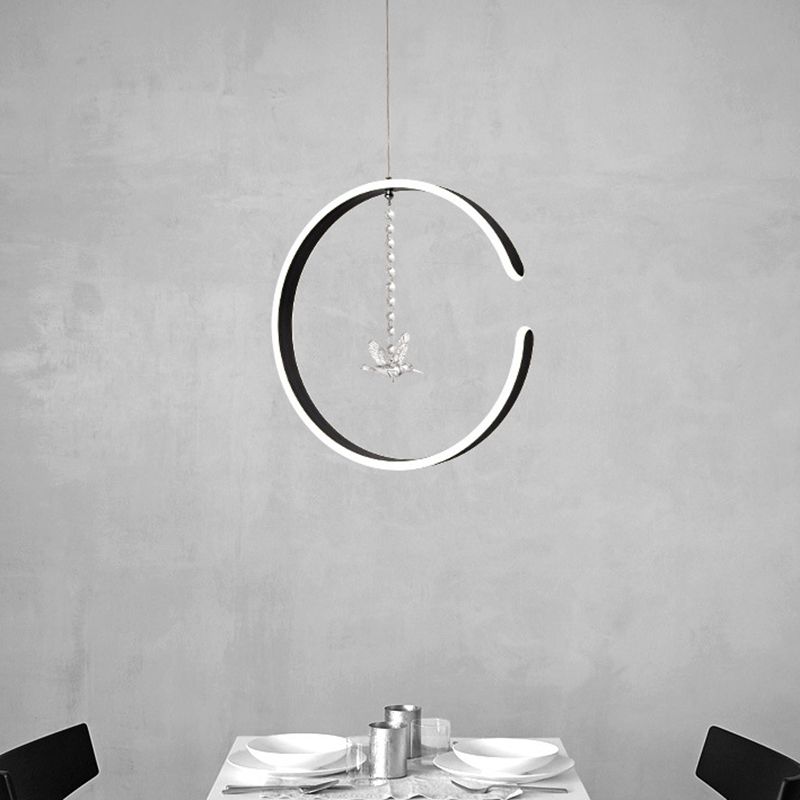 Acrylic Ring Hanging Light Kit Modern LED Black Pendant Lamp with Bird Crystal Droplet in White/Warm Light