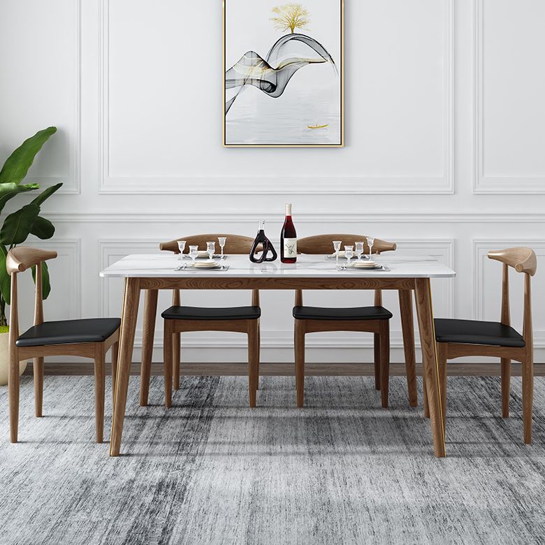 Mesa de comedor de piedra sinterizada con 4 patas, base de madera de fresno, mesa rectangular para el hogar