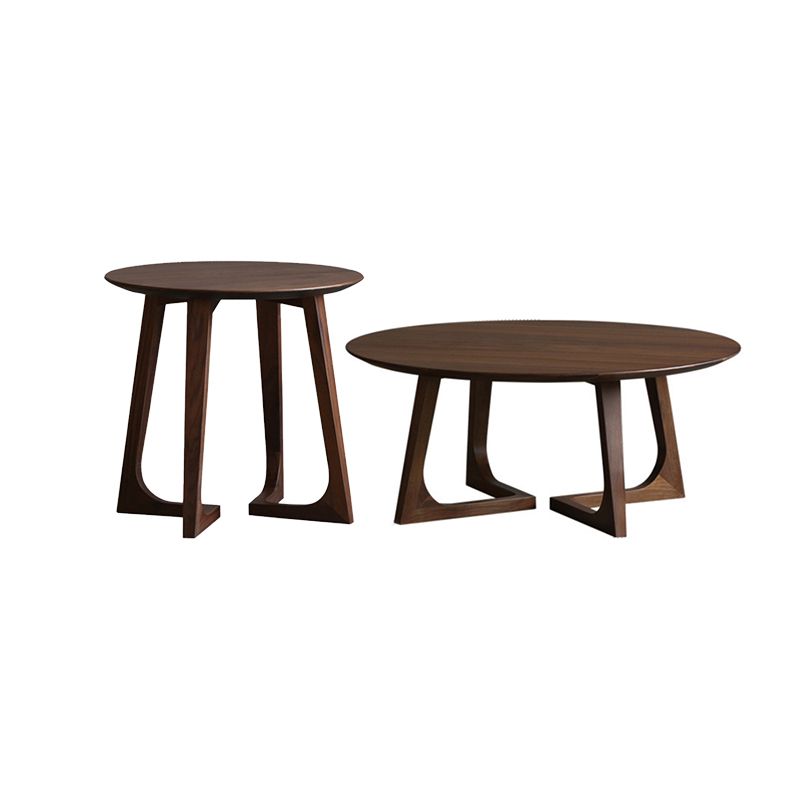 Solid Wood Round Coffee Table in Brown Scandinavian 2 Pieces Cocktail Table Set