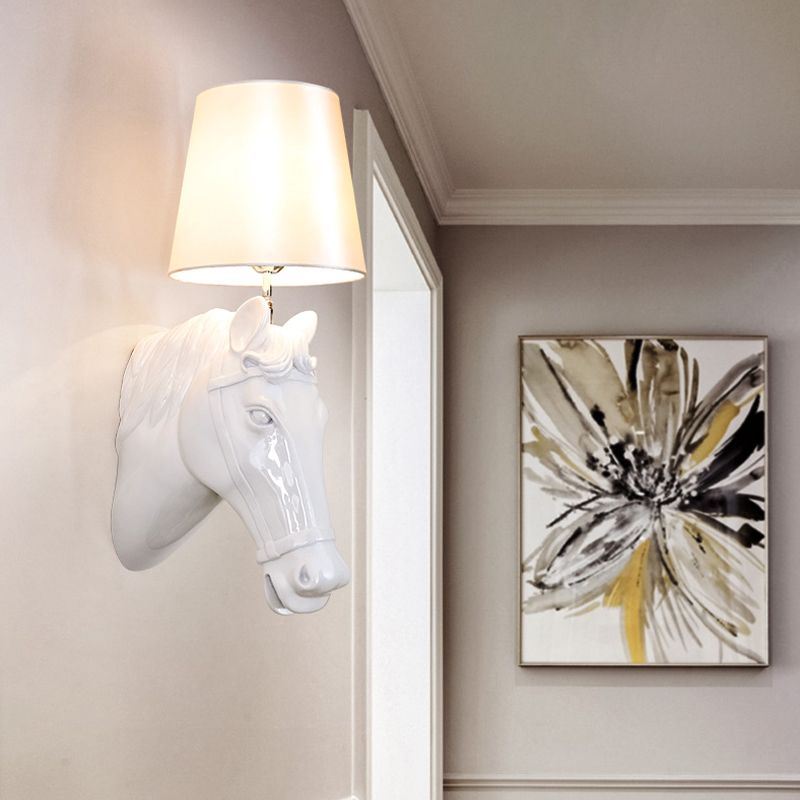 1 Bulb Horse Sconce Lamp Classic Black/White Resin Wall Mounted Light with Cone Fabric Shade