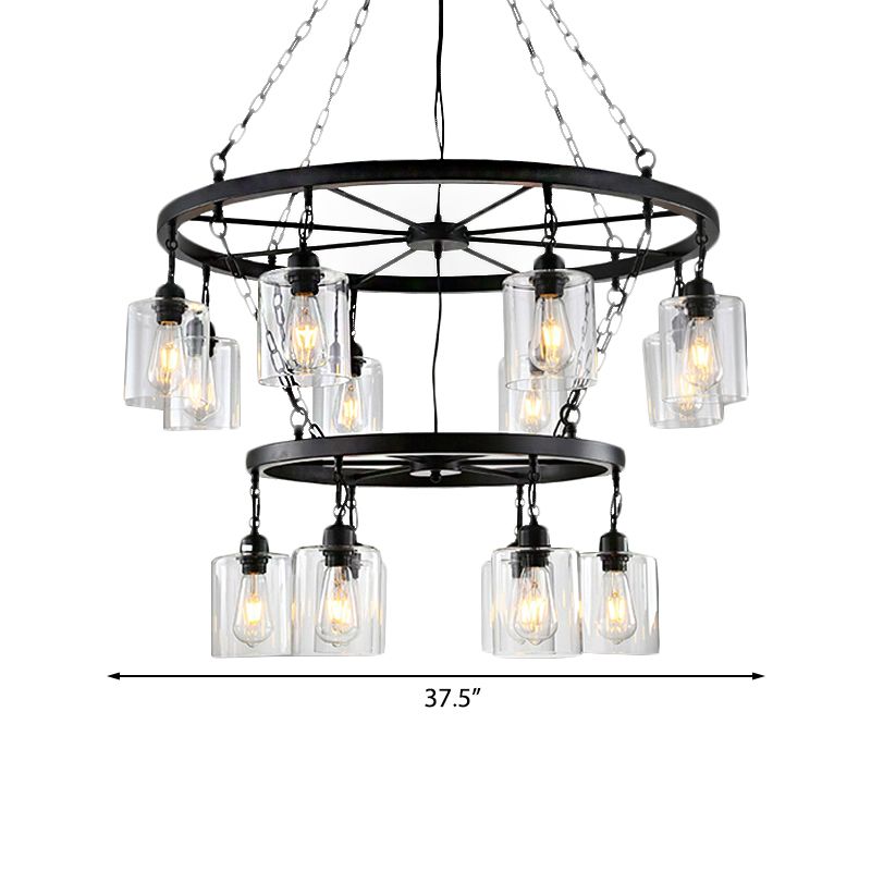 14 Lights Ceiling Light Traditional Two-Tiers Clear Glass Hanging Chandelier in Black with Cylinder Shade