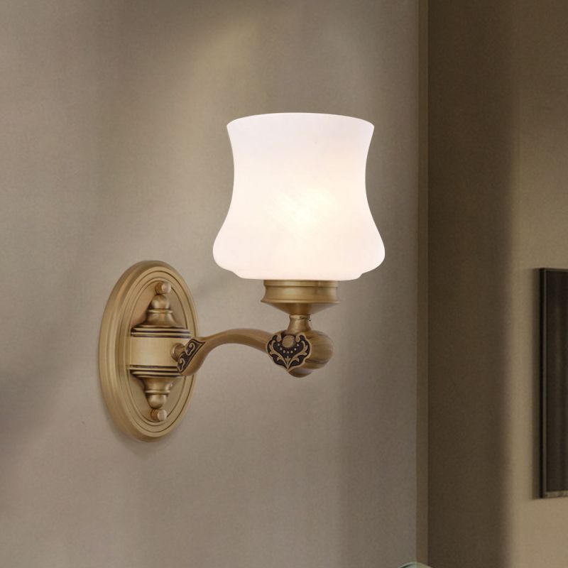 1 Bulb Surface Wall Sconce Country Urn Milky Glass Wall Lighting Ideas in Brass for Bedroom