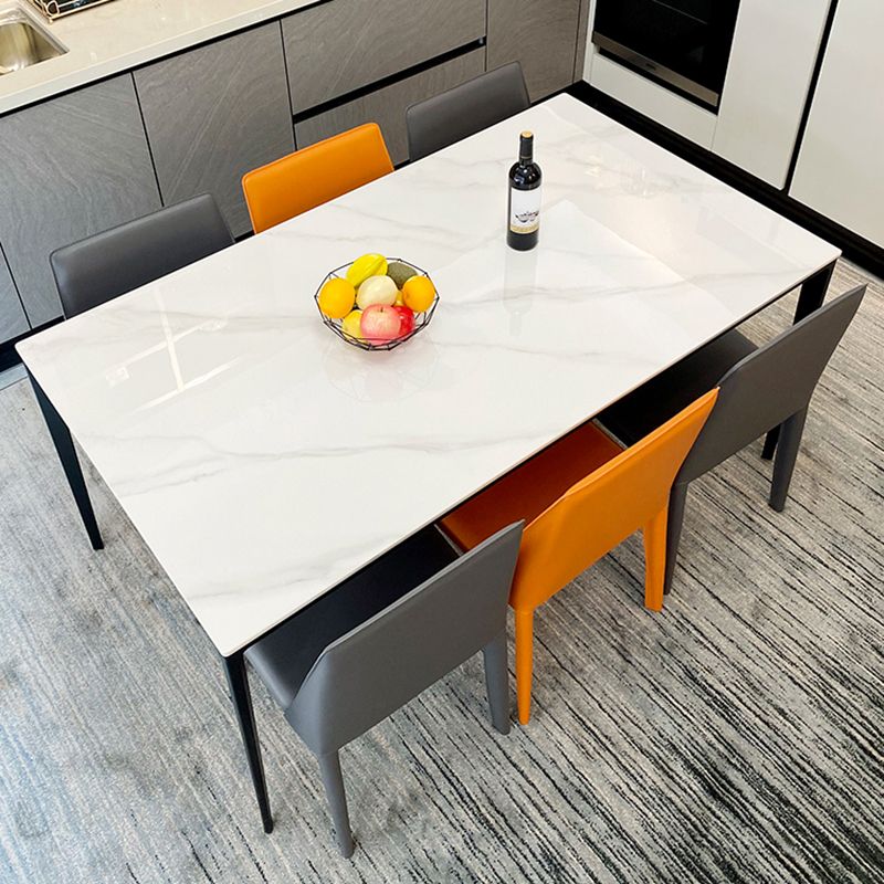 Modern White Stone Top Rectangular Dining Table with 4 Black Metal Legs