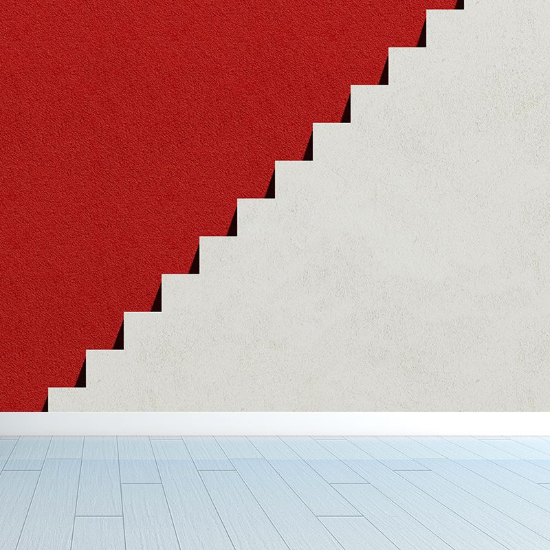 Non-Woven Waterproof Mural Simplicity Side View of Stairs Wall Covering in Red-Grey