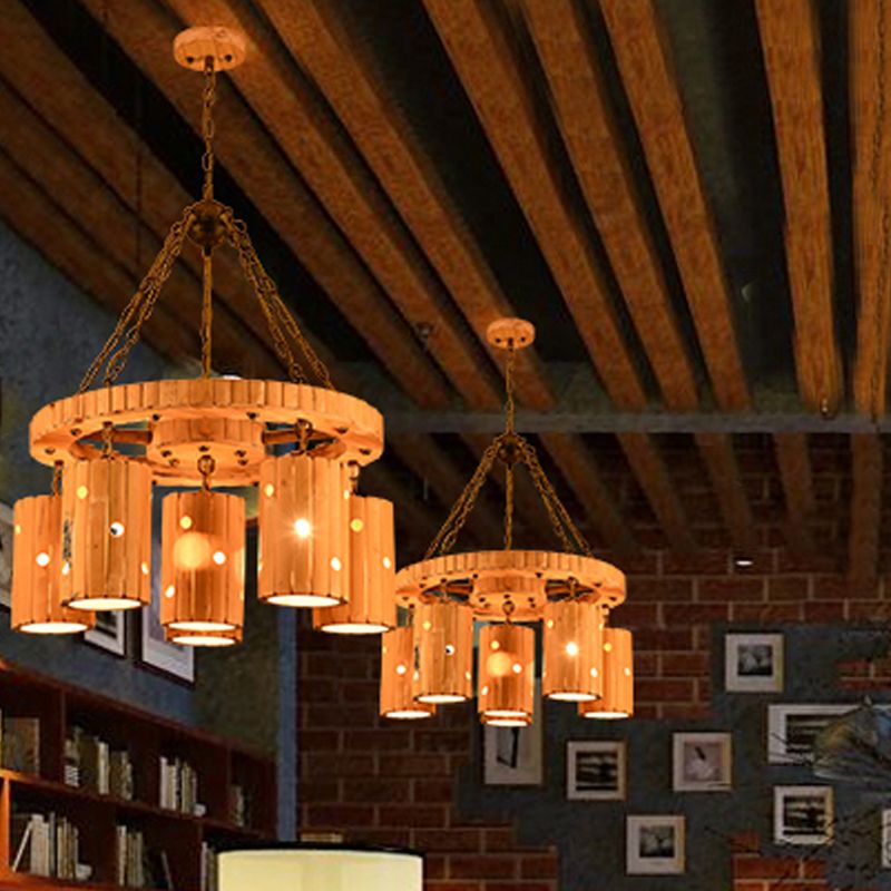 Beige Etched Cylinder Hanging Chandelier Farmhouse Bamboo 6 Lights Restaurant Suspension Light with Wheel Design