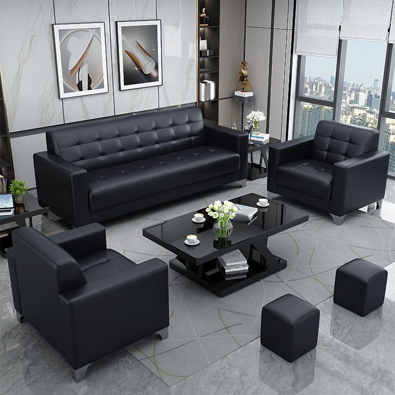 Living Room Leather Sofa in Black Tufted Split-Back Sleeper Seating