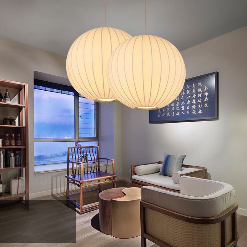 Globe Stretch Silk Suspension Lamp Nordic Style 1-light Dining Room Lighting Fixture in White