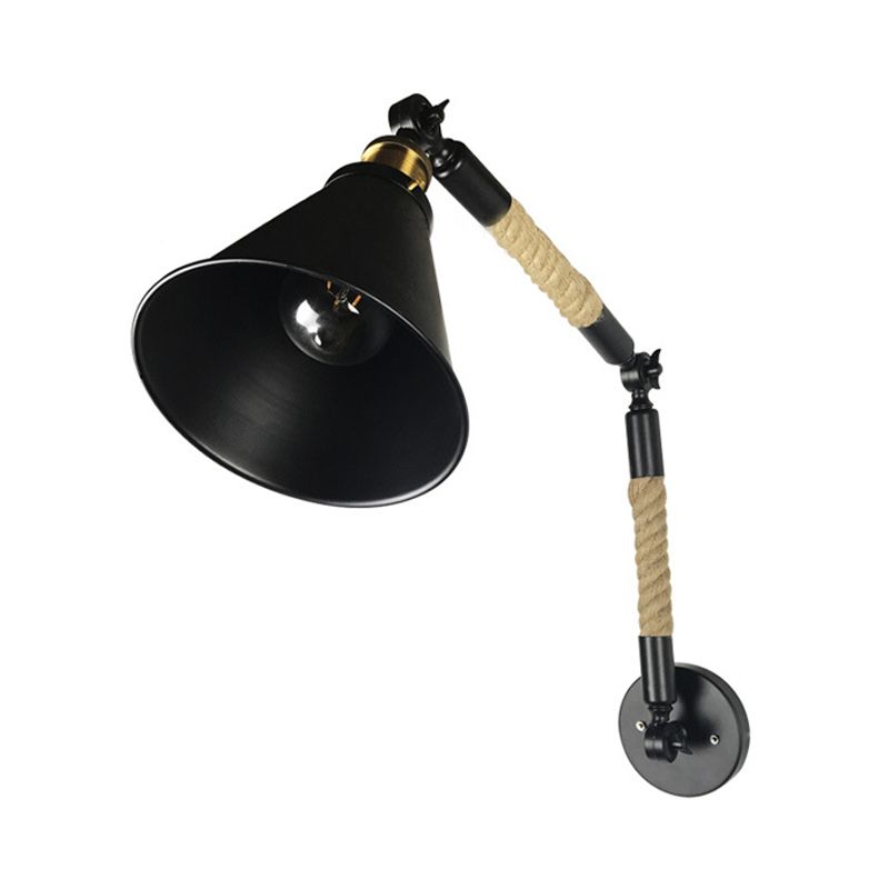 Kegelschlafzimmer Wandmontage Beleuchtung Vintage Style Metal und Seil 1 Glühbirne Schwarze Leuchtenleuchte