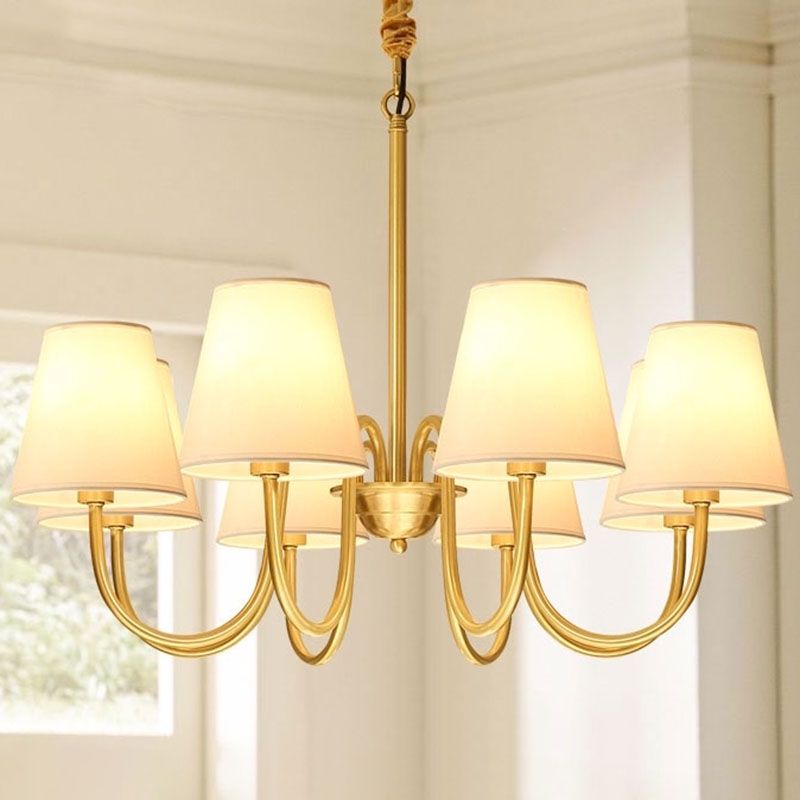 Traditional Classic Radial Pendant Light Copper Chandelier with White Fabrics Shade