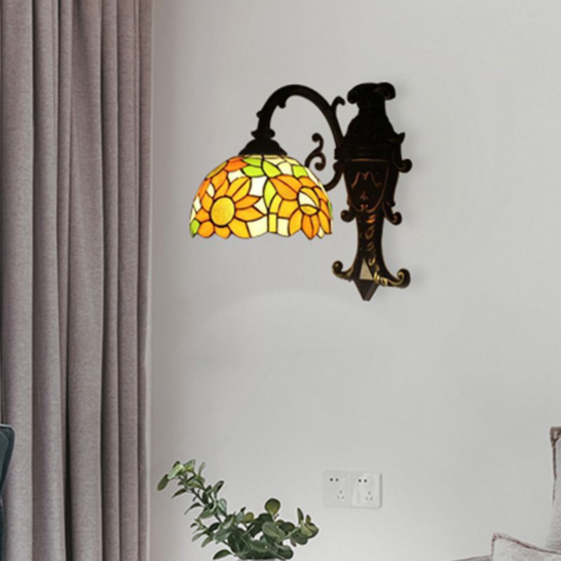 Rustic Tiffany Orange Wall Light Sunflower Single Bulb Stained Glass Sconce Lamp for Bedroom