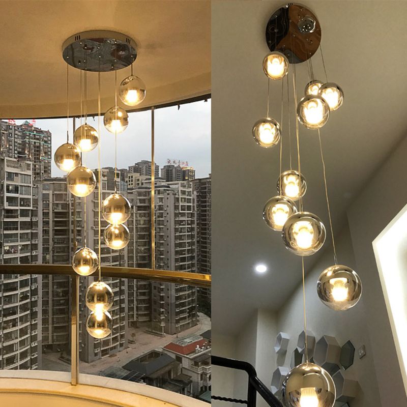 Globe Cluster Pendant Light Nordic Aluminum Stairs Suspension Lighting with Clear Glass Bottom in Gold