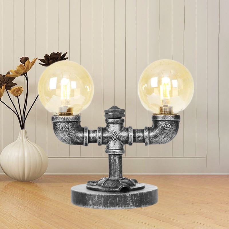 Lampada da scrivania industriale con paralume rotondo Illuminazione da lavoro in vetro trasparente/ambrato a 2/3 lampadine in argento antico/bronzo con base