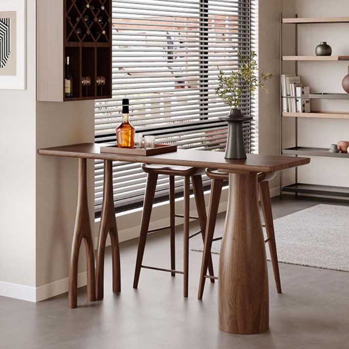 Pine Wood Rectangle Pub Table with Double Pedestal for Living Room