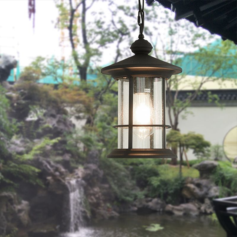 Lodge Lantern Hanging Pendant 1-Bulb Clear Glass Ceiling Suspension Lamp in Black for Balcony