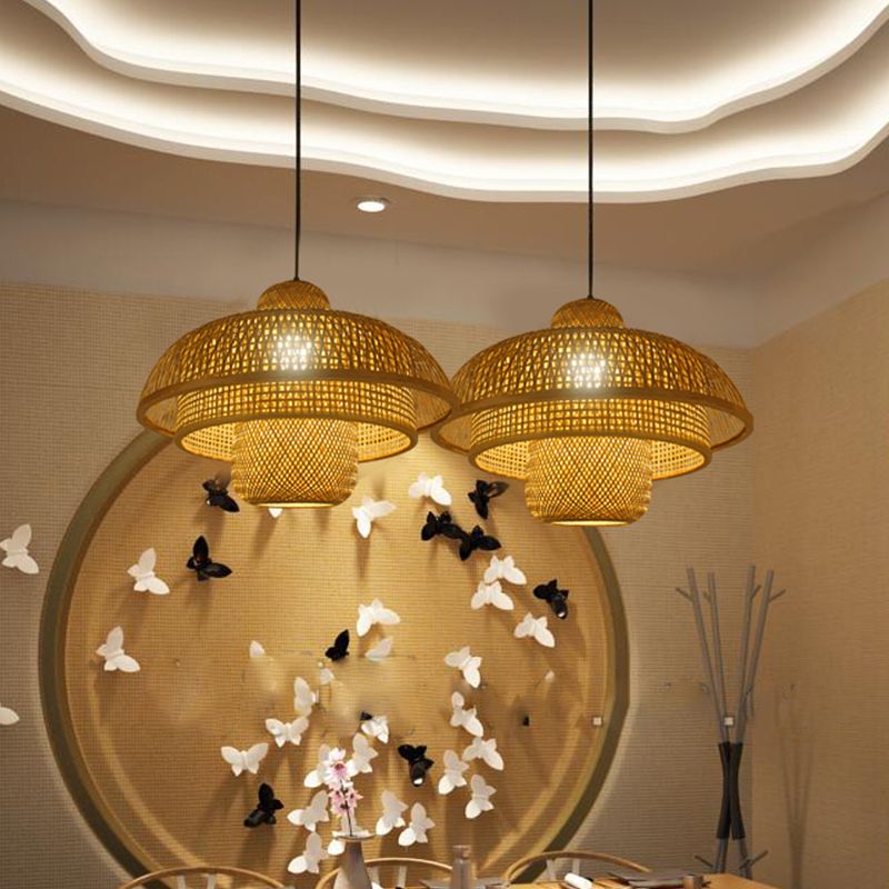 1 Bulb Teahouse Pendant Lamp Asia Flaxen Ceiling Hanging Light with Tiered Bamboo Shade
