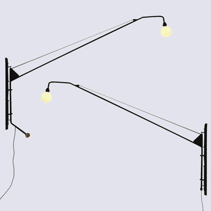 1 Bulb Fishing Rod Wall Lamp Fixture Industrial Black Metal Sconce Light with Open Bulb Design