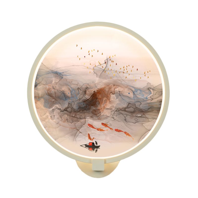 White Rounded Fish and Bird Wall Light Chinese Style LED Acrylic Wall Mural Lamp for Hallway