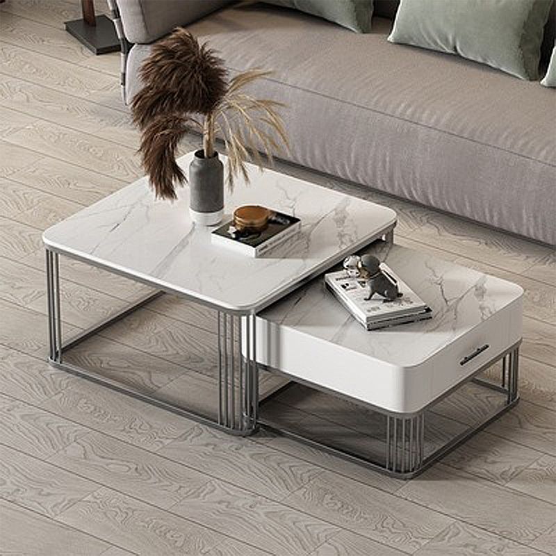 Square Slate Top Coffee Table with Drawers Frame Base 2 Nestling Cocktail Table