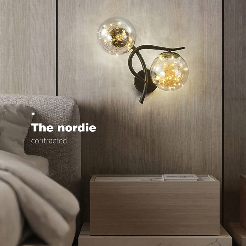 2-Lights Branch Metal Arm Sconce Lights Globe Glass Shade Nordic Style LED Wall Mount Lamp