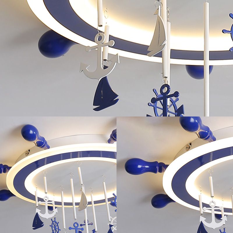 Nautical Rudder Flushmount Lighting Acrylic LED Children Room Blue Flush Ceiling Light with Anchor Deco, Warm/White Light