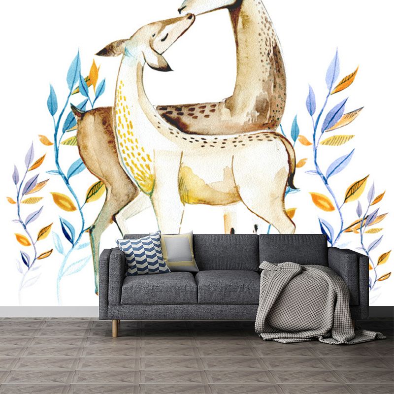Tropical Deers Wall Paper Murals Modern Style Non-Woven Fabric Wall Covering in Brown
