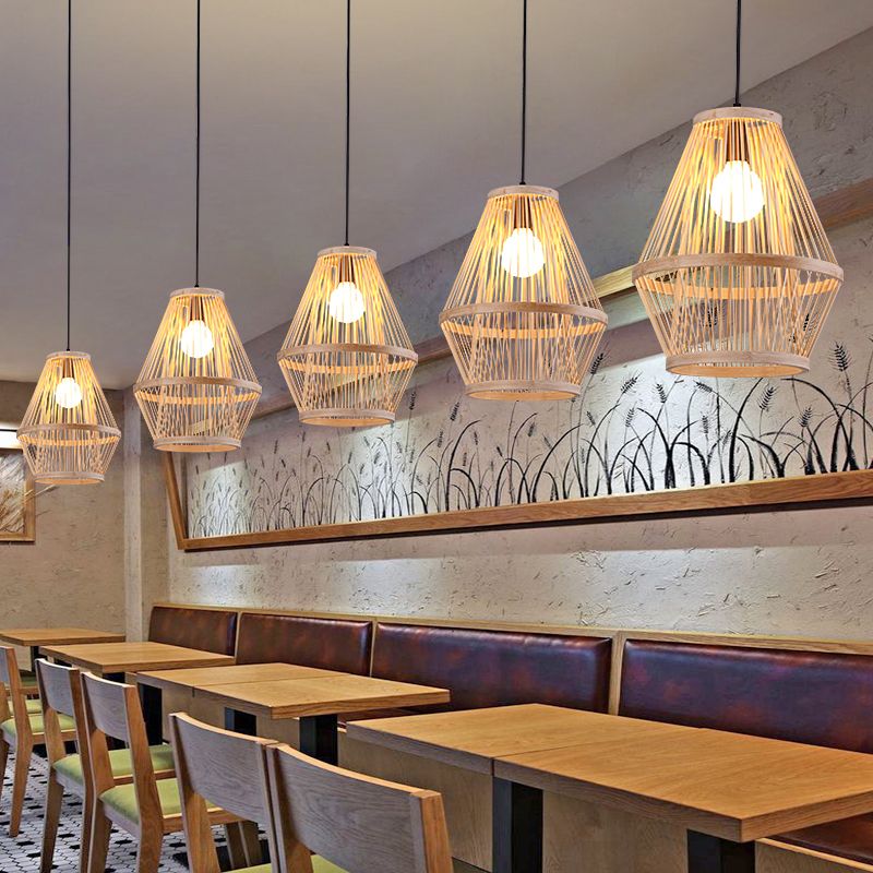 Wood Cage Suspension Light Pendant Contemporary Bamboo 1 Bulb Hanging Light Fixture