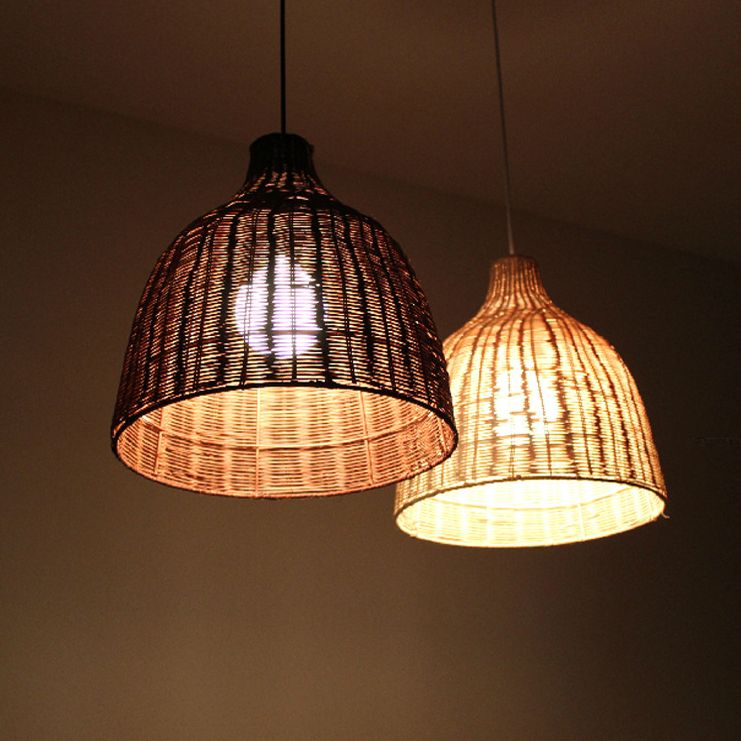 Farmhouse Natural Cloche Bamboo Pendant Lighting 1-Light  Dining Room Hanging Lamp