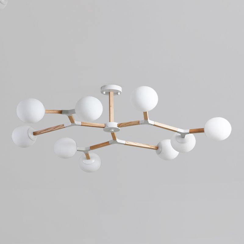 Living Room Chandelier Wooden Macaron Suspension Light with White Glass Shade