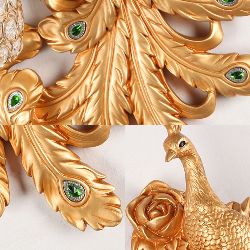 1 Light Blue/Gold Peacock Wall Lamp Country Resin 1/2-Pack Sconce Lighting with Crystal Globe Shade, Double/Right/Left