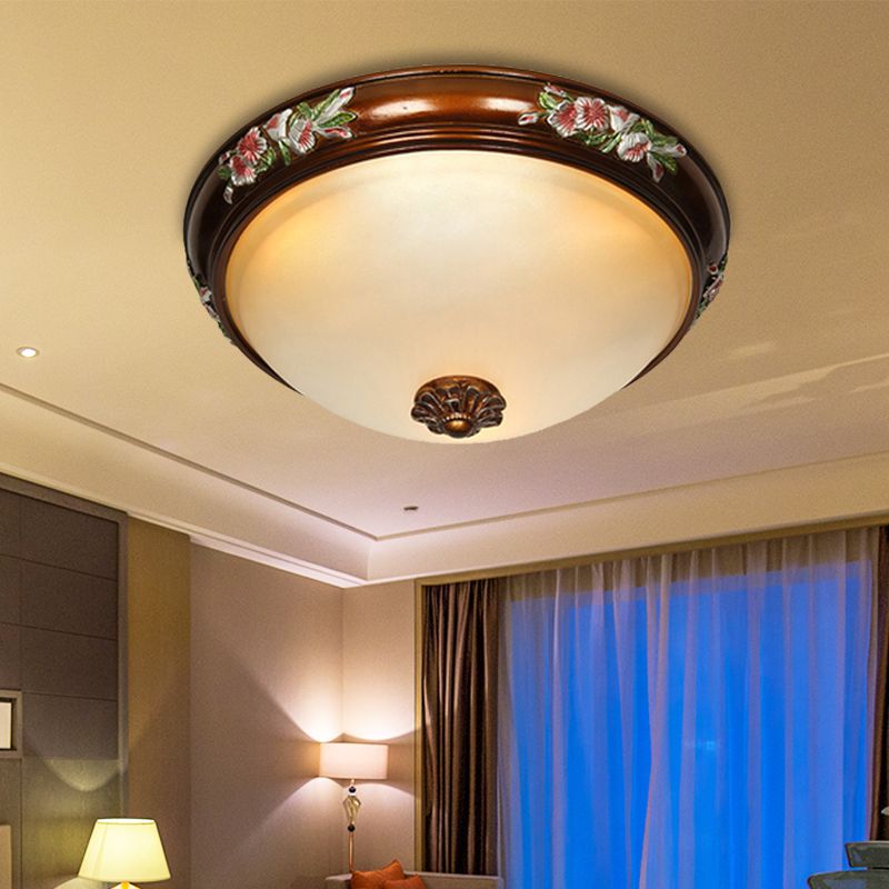 Dome Shape Frosted Glass Ceiling Flush Vintage 12"/16"/19.5" W 3 Bulbs Bedroom Flush Light Fixture with Blossom Design in Brown