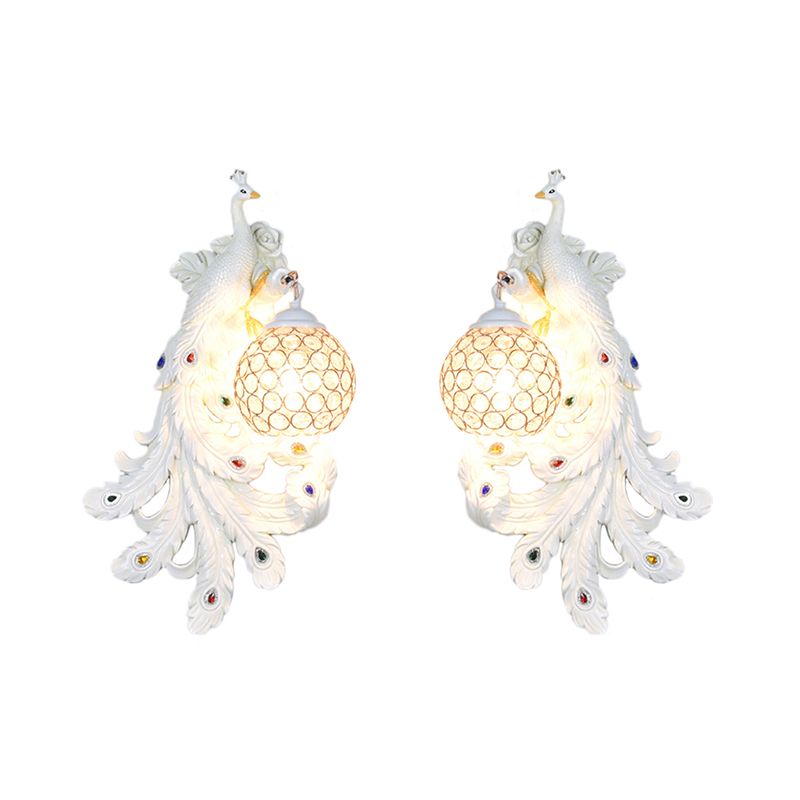 1 Light Blue/Gold Peacock Wall Lamp Country Resin 1/2-Pack Sconce Lighting with Crystal Globe Shade, Double/Right/Left