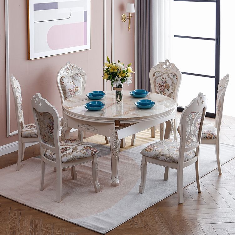Round Faux Marble 4 Legs Dining Site Table in White with Drop-Leaf