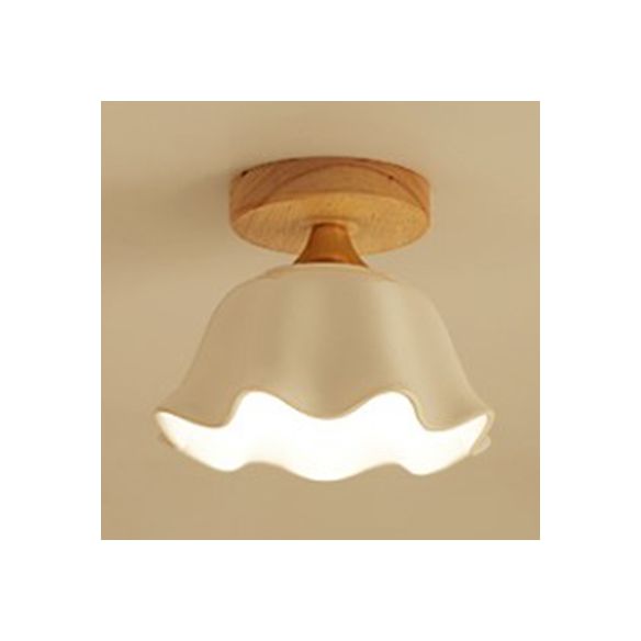 Cône d'abat-jour blanc/plafonnier festonné avec auvent en bois, plafonnier en verre moderne à une lumière pour Foyer