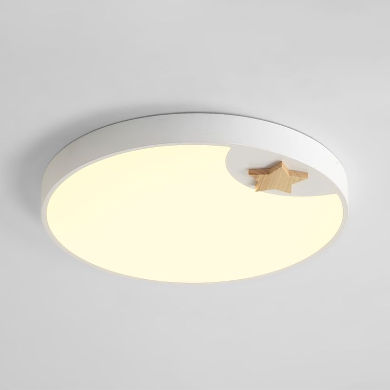Circle Acrylic Ceiling Fixture Contemporary 16"/19.5" Wide LED White Flush Light with Wood Star Deco