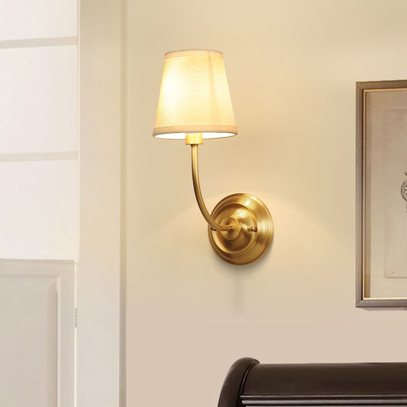 Single-Bulb Wall Light Classic Tapered Fabric Wall Lighting Fixture in Brass for Corridor