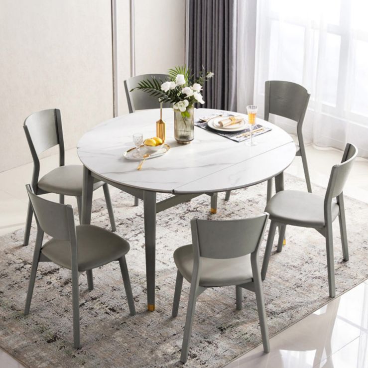 Contemporary White Round Stone Dining Table with Solid Wood Legs