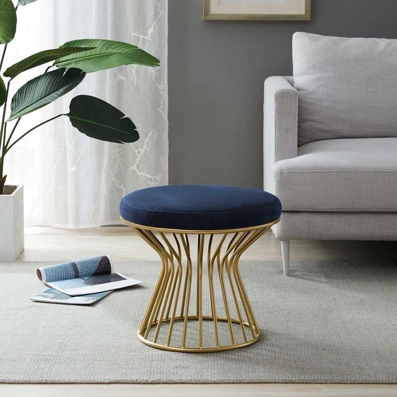 Gorgeous Ottoman Velvet Upholstered Solid Color Metal Frame Round Ottoman