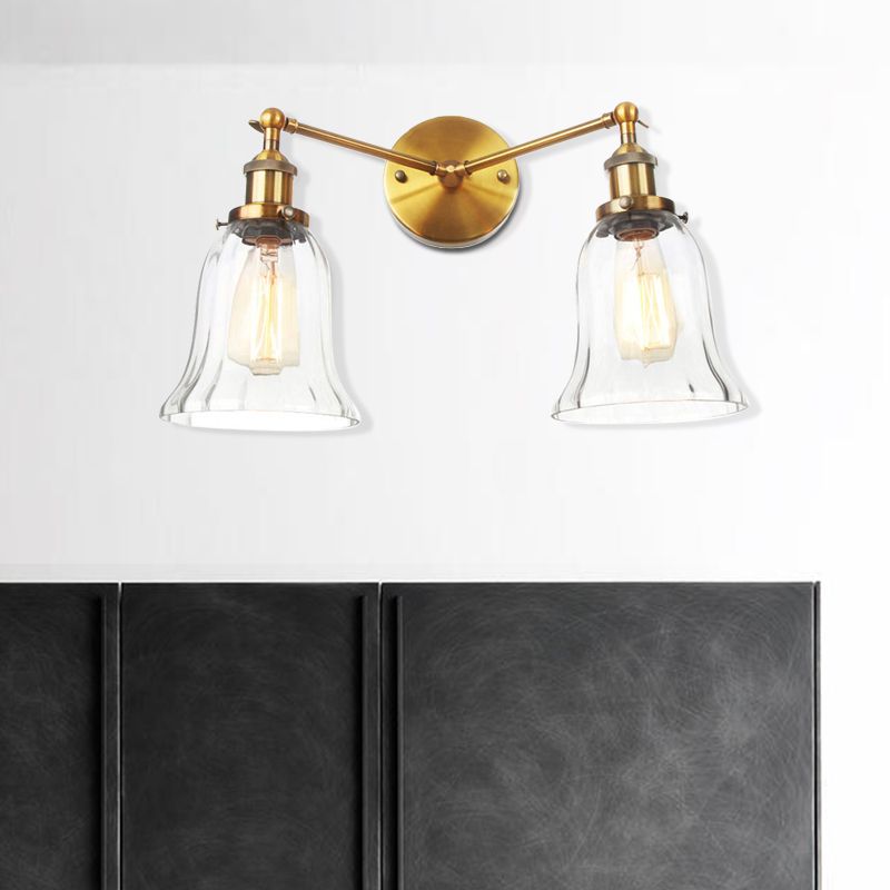 2 Lights Indoor Wall Lighting Industrial Style Black/Chrome/Bronze Sconce with Bell Clear Glass Shade