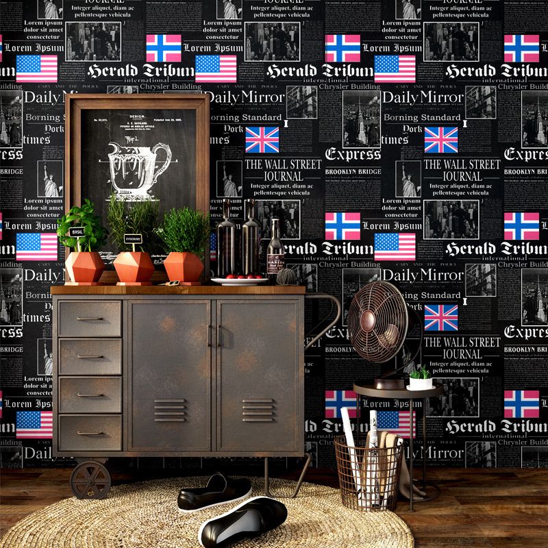 Vintage Newspaper with English Title and USA National Flags 33-foot x 20.5-inch Non-Pasted Washable Wallpaper