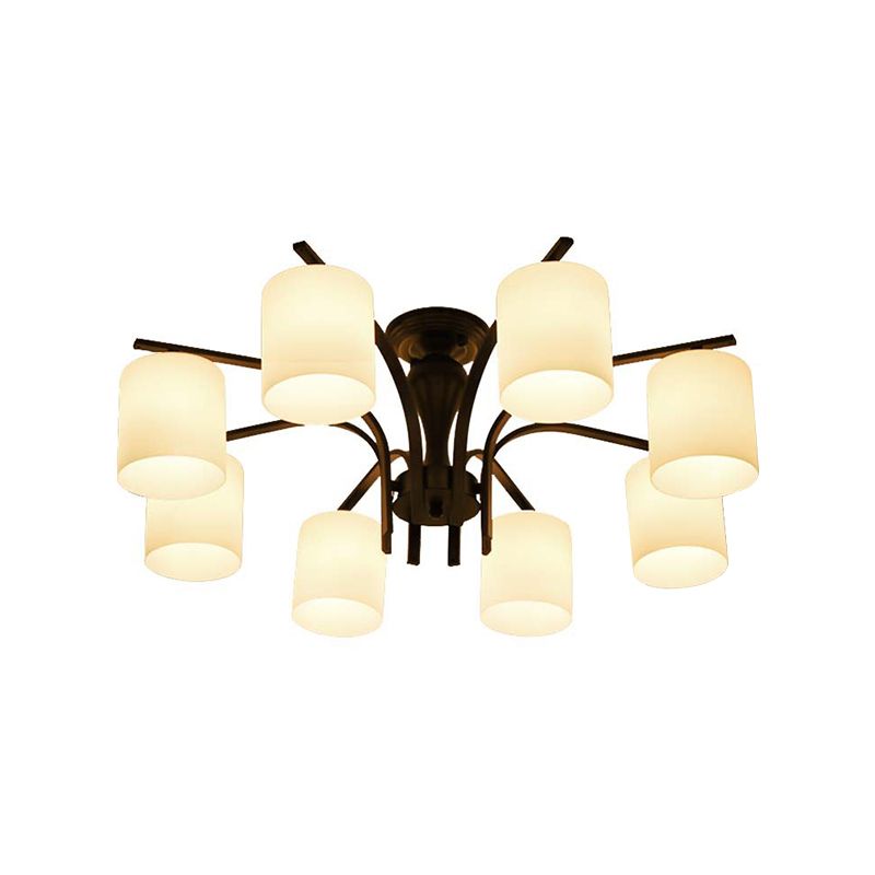 3/5/6 Lights Semi Flush Mount Traditional Cylinder Frosted Glass Ceiling Light in Black for Bedroom