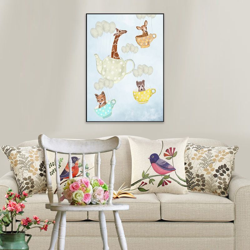 Pastel Cartoon Wall Art Animals in Their Sailing Boat Drawing Canvas Print for Kids Room