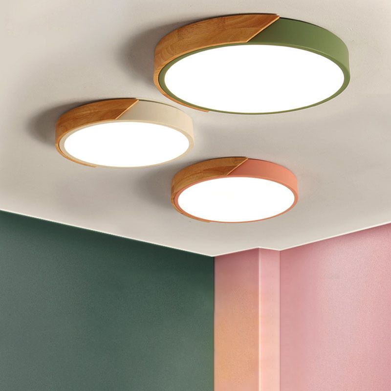 Luminaria de techo interior minimalista, luces de montaje empotrado en techo de metal y madera planas de macarrón