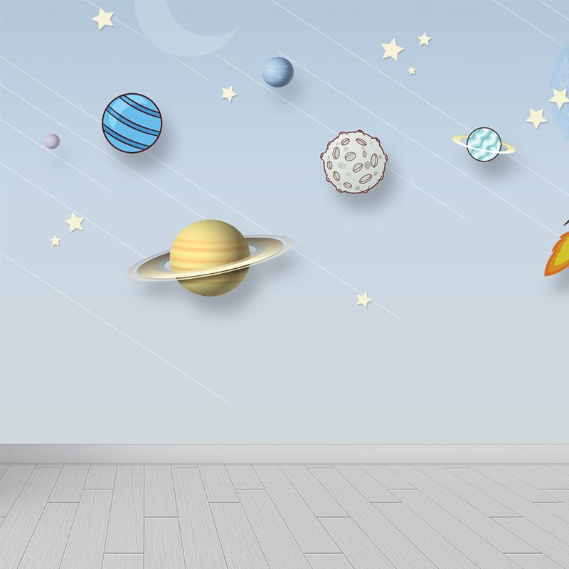 Light Blue Planets Mural Wallpaper Moisture Resistant Wall Art for House Interior
