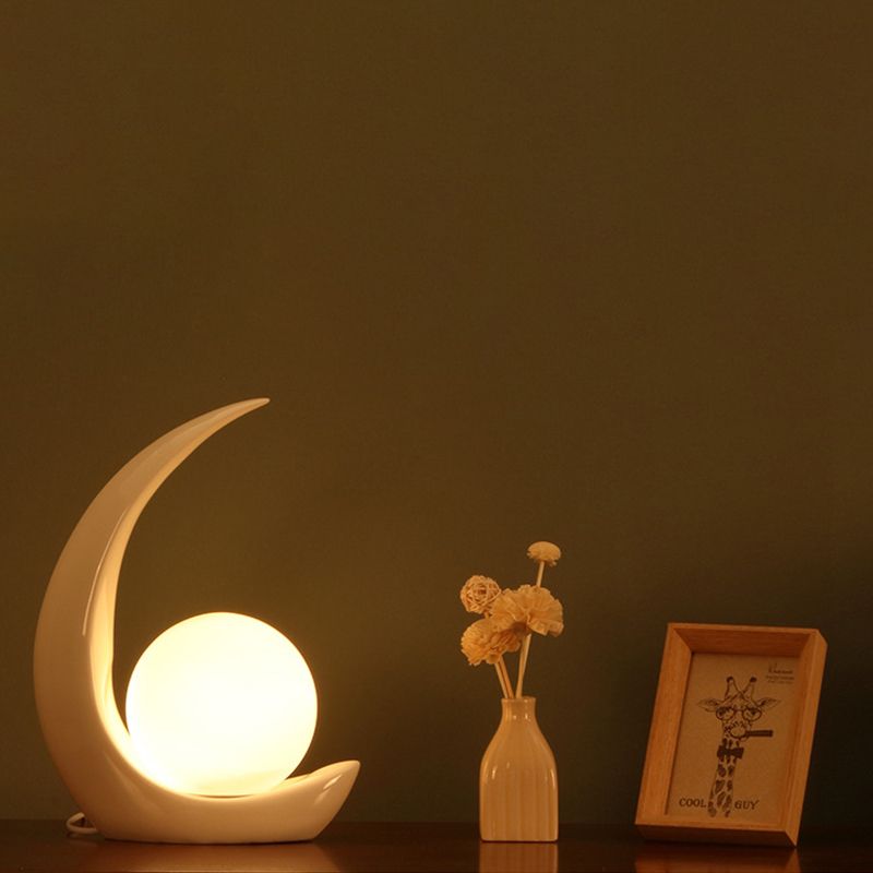 Crescent Resin Night Lamp Nordic 1 Bulb Table Light with Spherical Milky Glass Shade